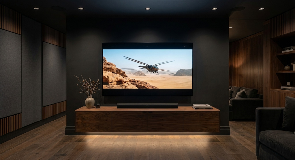 High-end media room featuring a large OLED TV mounted on a dead-flat matte charcoal accent wall, demonstrating perfect glare reduction