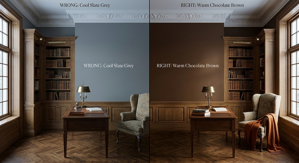 Split screen comparison showing how cool grey paint looks flat in north-facing light, while warm brown paint creates a cozy, luxurious library