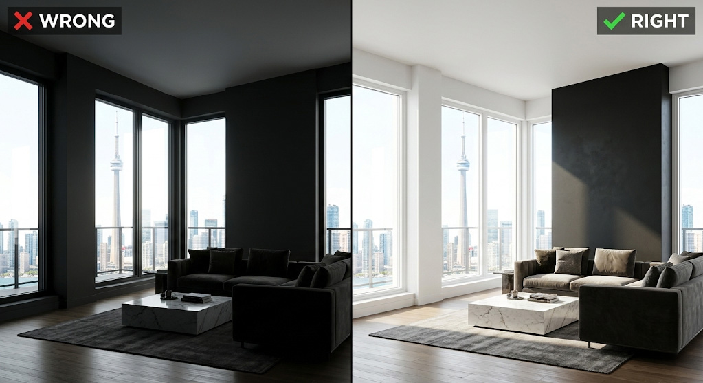 Split screen of a penthouse showing how painting a window wall causes glare, while painting a perpendicular wall enhances natural light