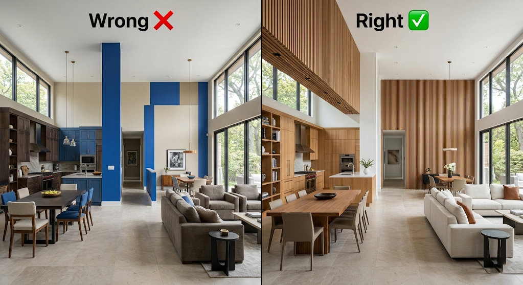 Split screen of an open-concept layout showing the fragmentation of painting small dividers versus the unifying effect of a shared axis accent wall