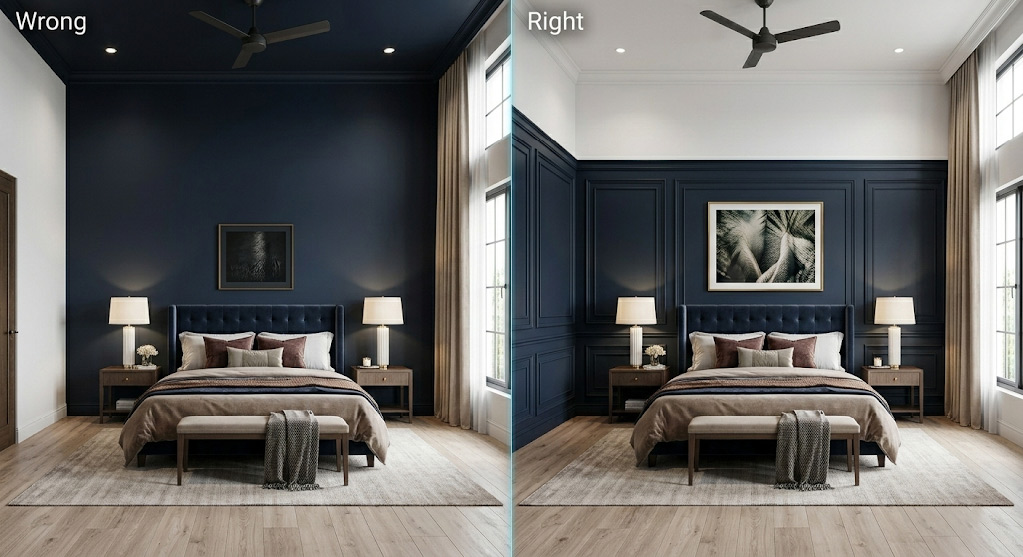 Split screen showing how painting a full 14ft bedroom wall dwarfs furniture, while using millwork at the 8ft mark restores human scale