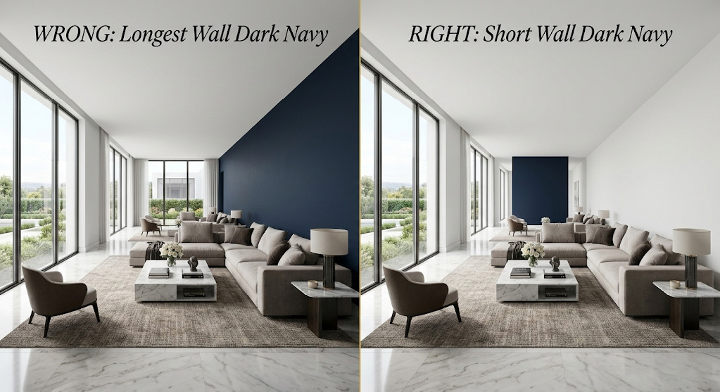 Split screen showing the tunnel vision effect of painting a long wall versus the widening effect of painting a short end wall in a luxury living room