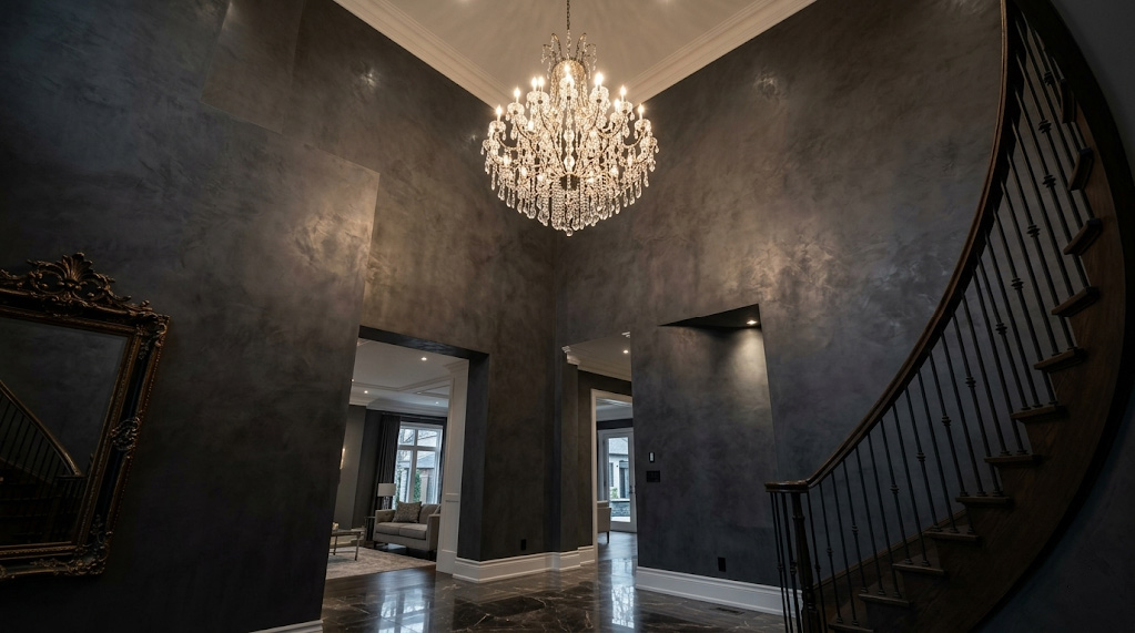 Carbon-negative Venetian plaster accent wall providing a seamless finish for high ceilings in a grand Toronto foyer
