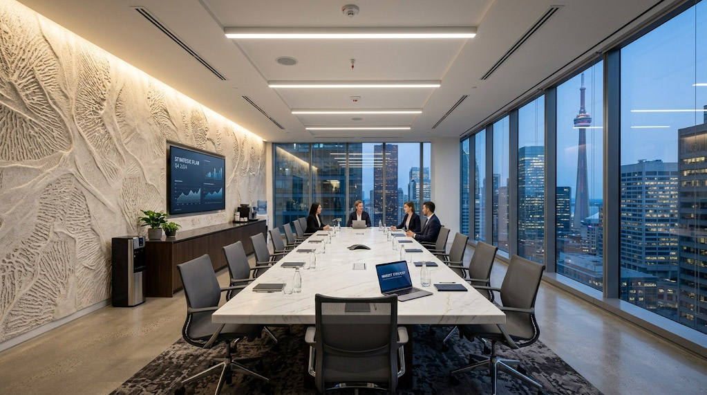 Compostable mycelium acoustic panels used as a sustainable commercial office accent wall in a Toronto boardroom