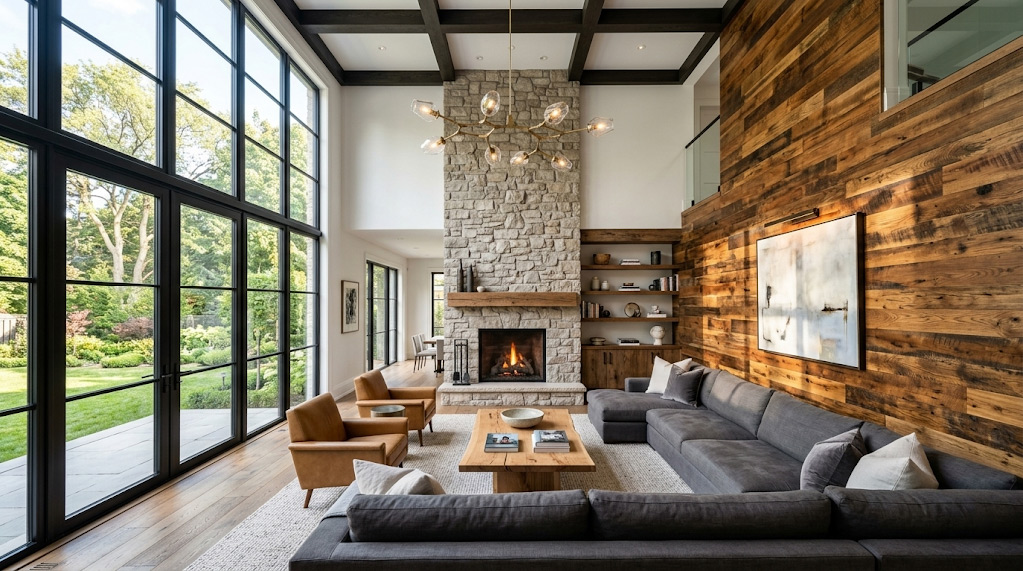 Eco-friendly recycled wood accent wall in a luxury Rosedale great room featuring FSC certified sustainable materials