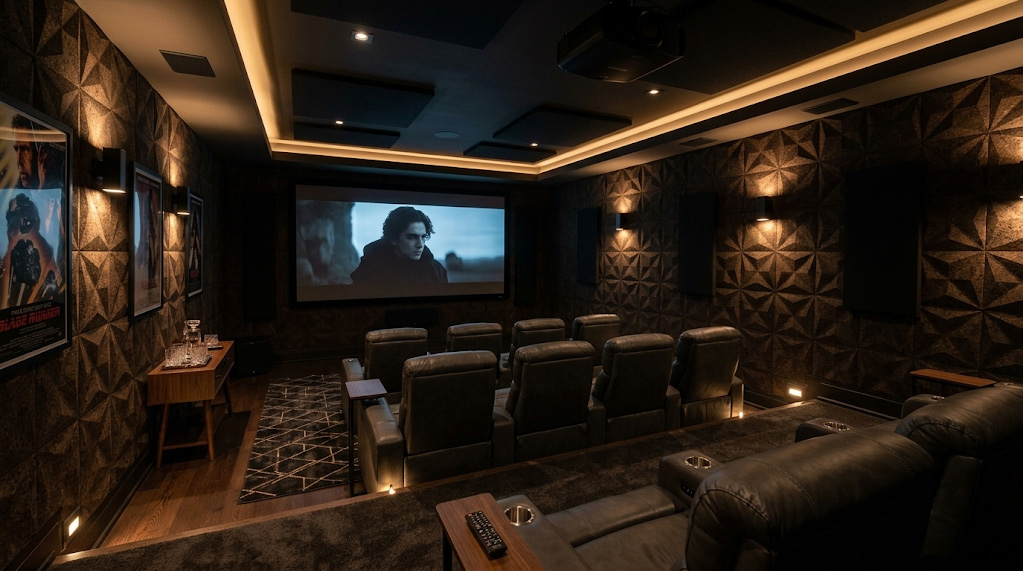 Premium sound-absorbing cork wall panels in a luxury home theater offering 100% renewable acoustic insulation