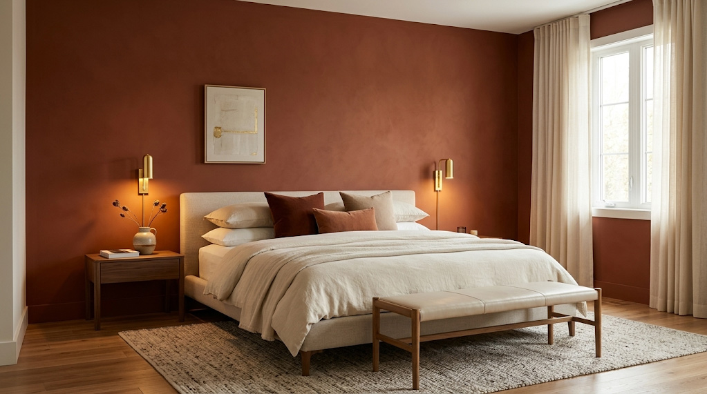 Zero VOC clay paint accent wall in a luxury Toronto primary suite providing natural humidity regulation