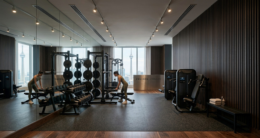 Luxury condo fitness center with dark acoustic wood slat accent wall and PET felt backing opposite floor-to-ceiling mirrors, eliminating sound reverberation and glare