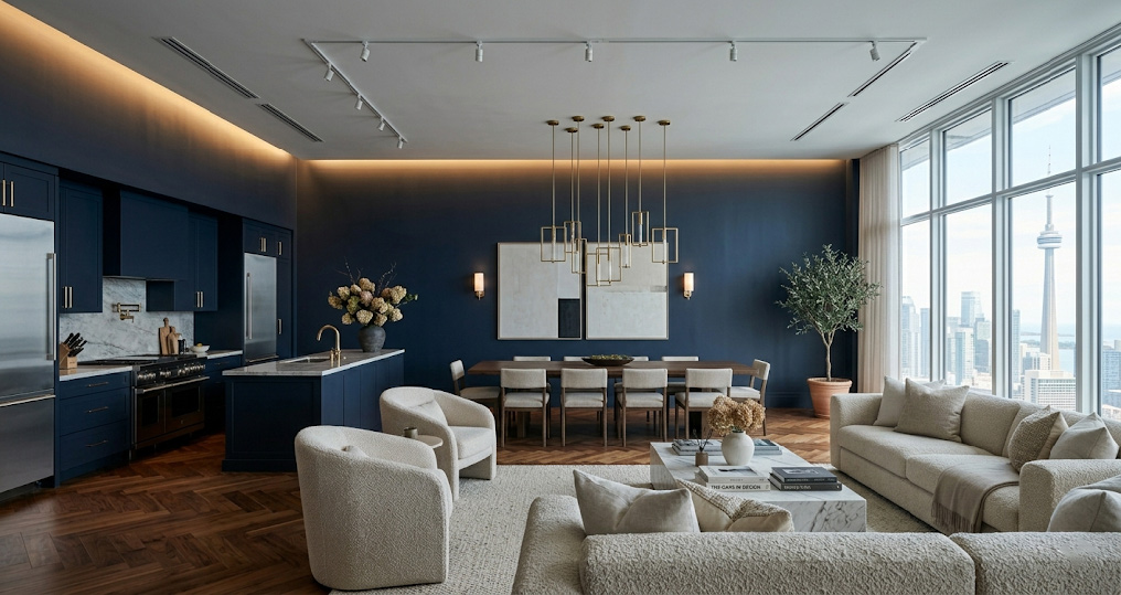 Luxury condo residential lounge with a continuous deep navy shared axis accent wall unifying the dining, kitchen, and seating zones under warm 2700K lighting