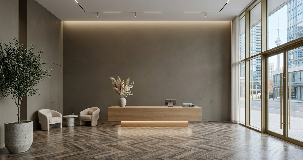 Toronto luxury condo lobby with a floor-to-ceiling dead-flat lime plaster accent wall showing zero specular glare behind the reception console