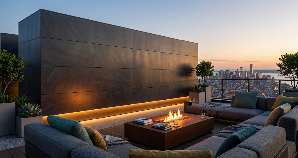 Wind-resistant dark composite stone accent wall on a Toronto luxury condo rooftop terrace framing the CN Tower skyline at twilight, demonstrating durability and architectural framing