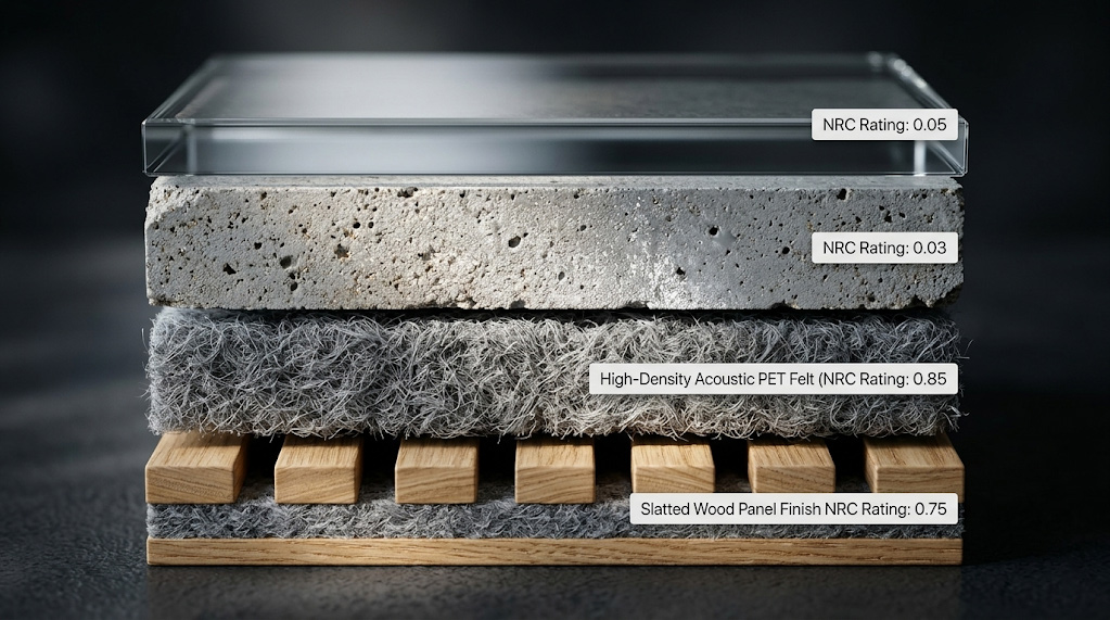Extreme Close-up Texture Comparison of Acoustic PET Felt vs. Wood Slat Panels for Office Sound Absorption NRC Ratings