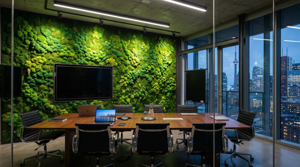 Sustainable preserved moss accent wall providing biophilic design and sound absorption in a Toronto tech office