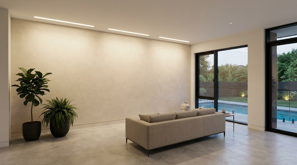 Modern Forest Hill living room wall with uniform ceiling recessed linear LED wall washing on a subtle limewash finish
