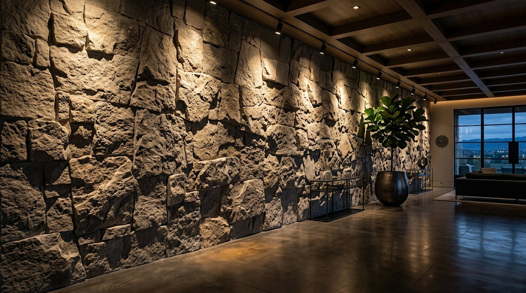 Rugged limestone accent wall with extreme shadow play from tight-angle graze lighting in King City Toronto estate