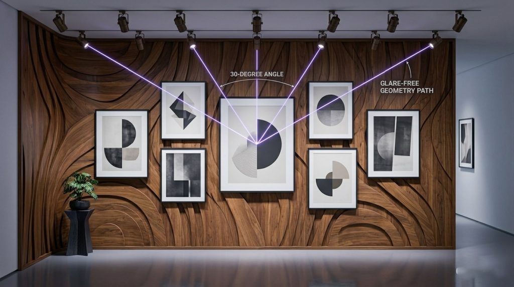 Technical diagram illustrating glare-free 30-degree lighting geometry for a gallery wall in a Bridle Path Toronto home