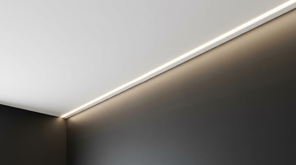 Flush mount flangeless recessed linear LED wall washer channel in modern ceiling