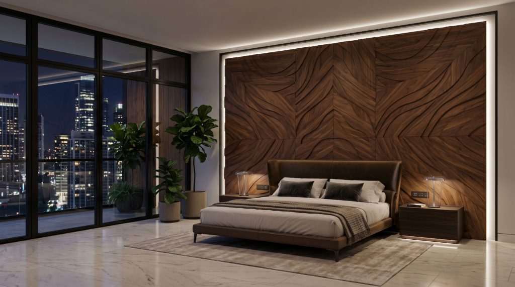 Concealed diffuse LED strip lighting creating a floating halo effect behind custom wall paneling