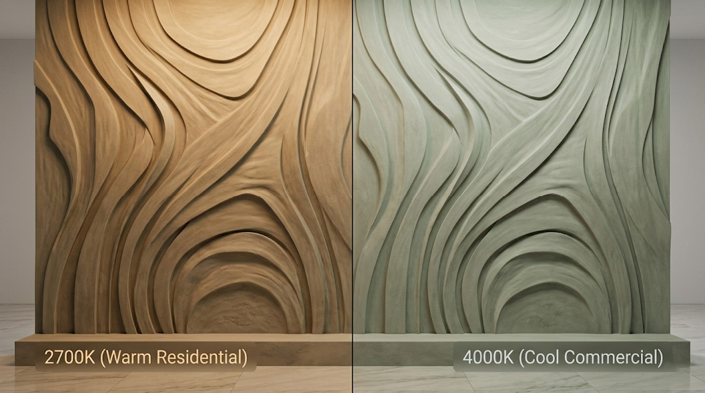Side-by-side comparison of 2700K warm luxury lighting versus 4000K cool commercial lighting on textured wall paint