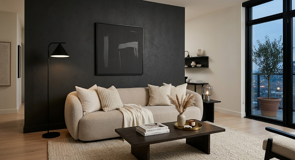 Deep charcoal gray moody paint accent wall ideas for a modern living room with contrasting light furniture