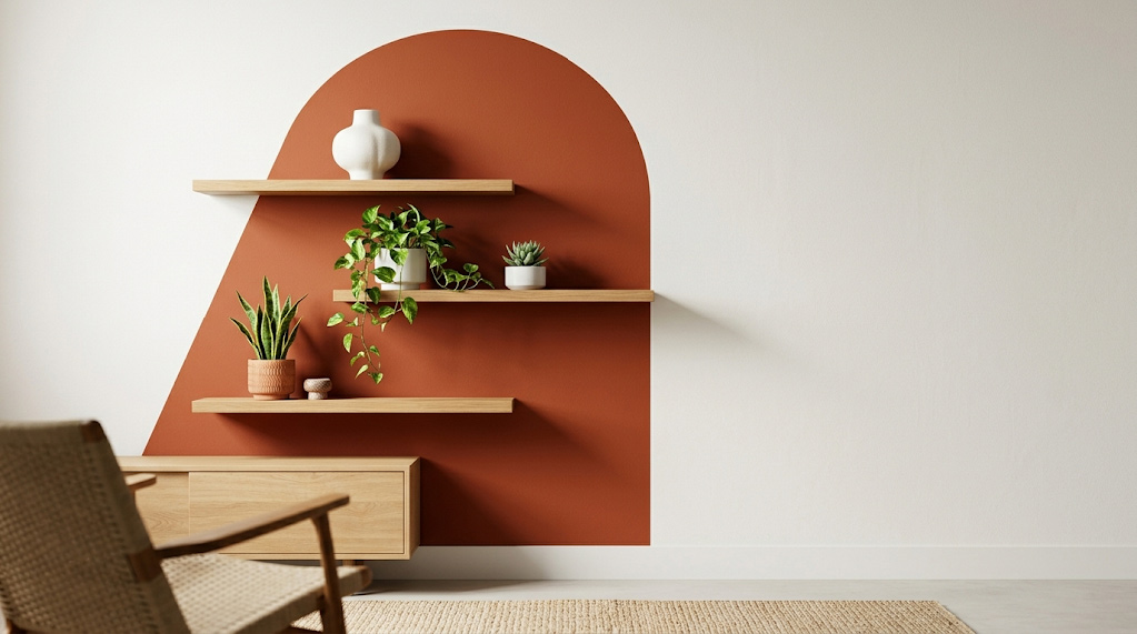 Creative color blocking paint accent wall ideas using a terracotta painted arch to frame modern floating shelves
