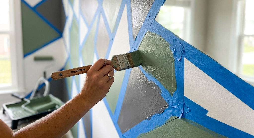 How to paint a geometric pattern accent wall using painters tape for crisp bleed-free lines