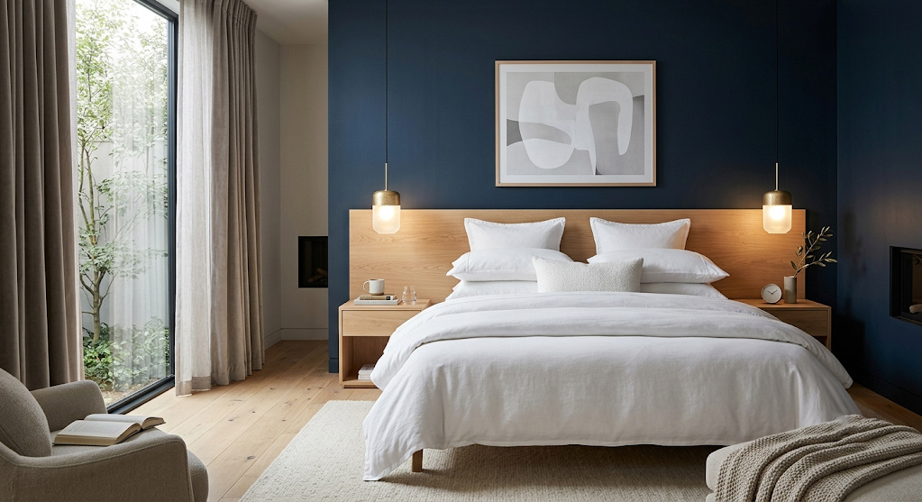 Popular paint colours for a bedroom accent wall showing a deep navy blue feature wall behind white bedding